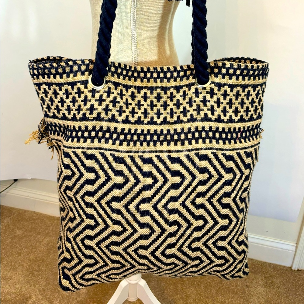 C & C California Home Jute XLarge Tote Bag Blue Tassel Medallion Pattern Boho - Picture 5 of 14